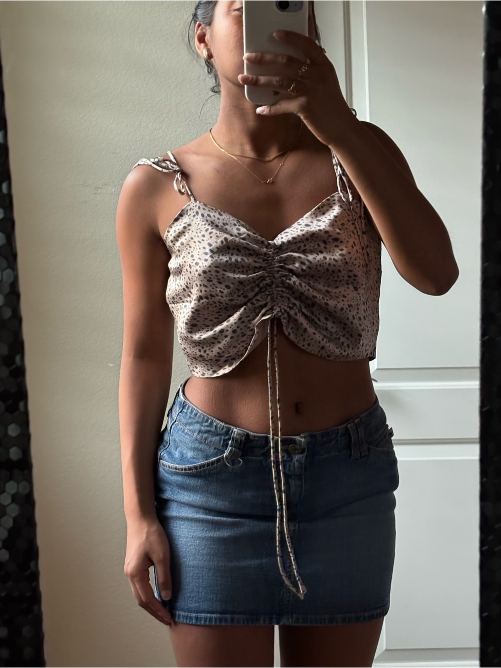 Ruched Spaghetti Strap Leopard Print Crop Top - Beige
